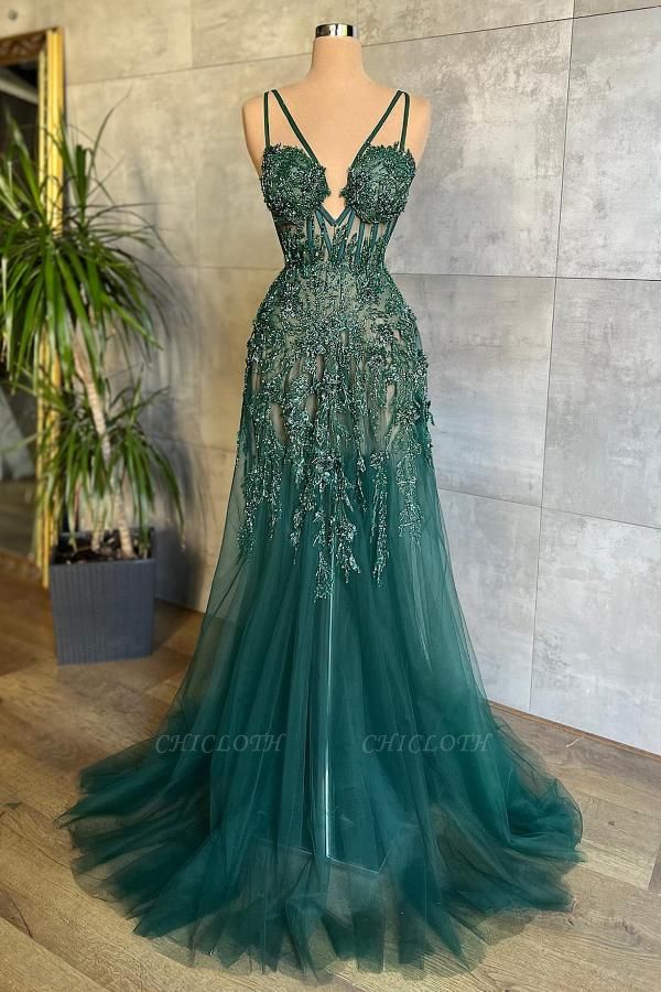 Charming Green A-Line Sleeveless Spaghetti Strap Floor-Length Tulle Prom Dresses