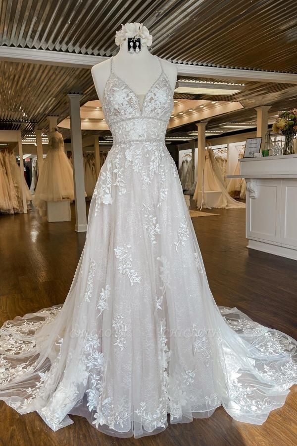 Fabulous A-Line Sleeveless Chapel Spaghetti Strap Lace Wedding Dresses with Appliques