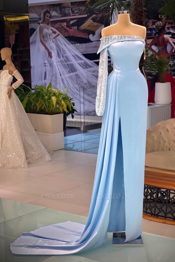 Elegant Blue One Shoulder Sheath Stretch Satin Prom Dresses Evening Dresses