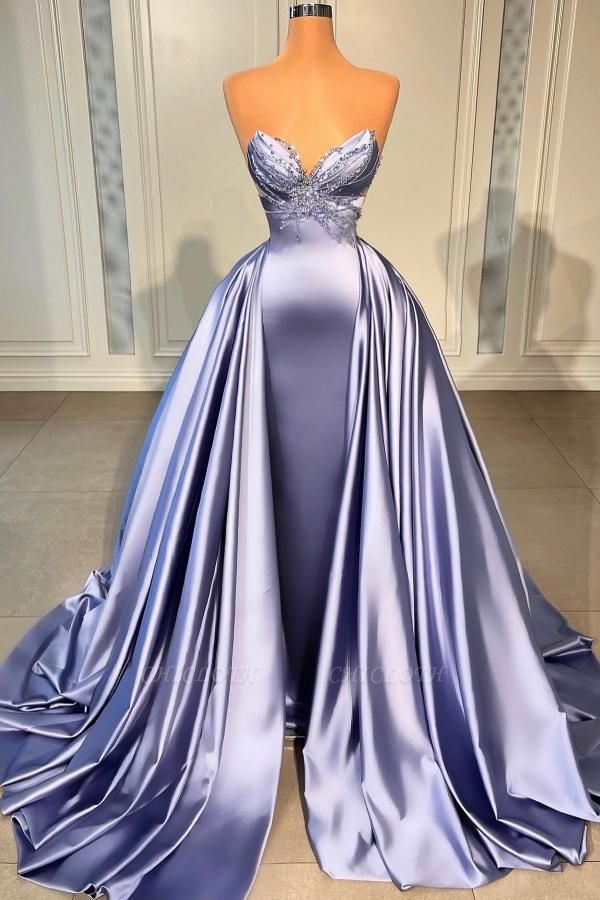 Elegant Purple Sleeveless A-Line Sweetheart Stretch Satin Prom Dresses with Ruffles