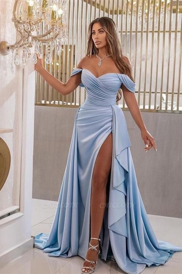 Fabulous Blue Off the Shoulder A-Line Sleeveless V-Neck Stretch Satin Prom Dresses with Ruffles