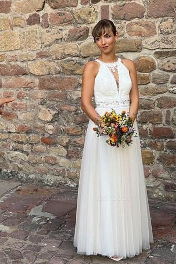 Elegant Sleeveless Halter Floor-Length Tulle Empire Wedding Dresses