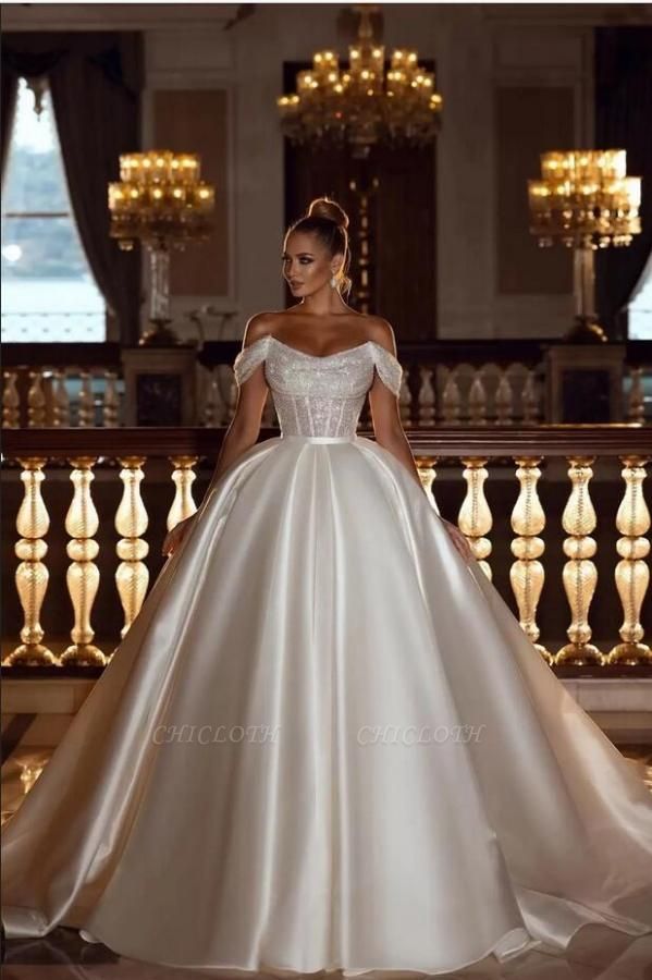 Elegant Sleeveless Off the Shoulder Sequins Satin Ball Gown Wedding Dresses