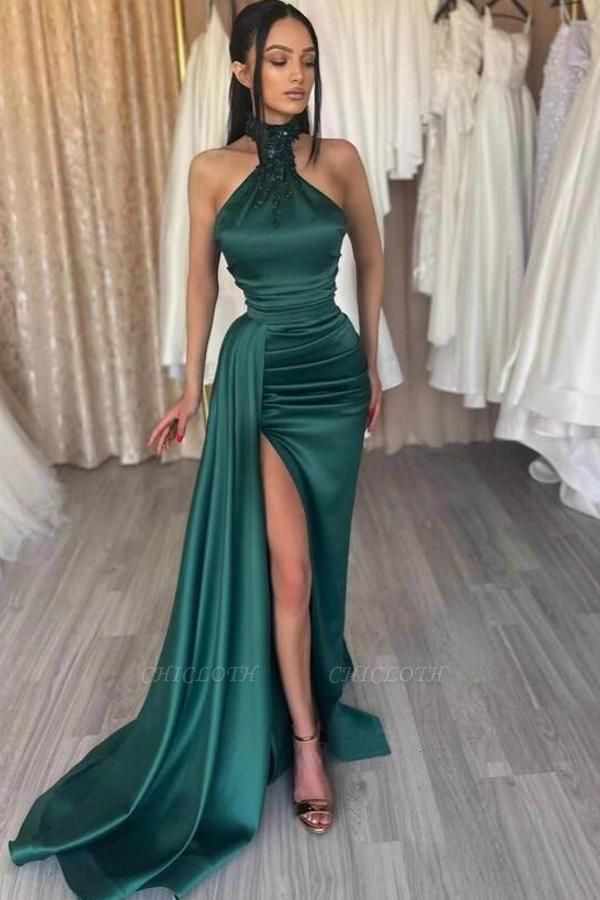 Gorgeous Dark Green Front-Split Halter Mermaid Stretch Satin Prom Dresses