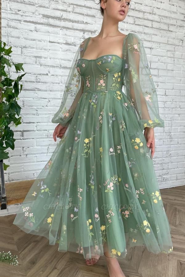 Charming Green Long Sleeves A-Line V-Neck Tulle Prom Dresses Evening Dresses with Ruffles