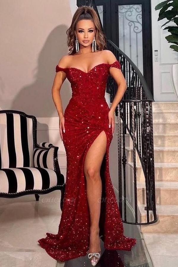 Gorgeous Red Mermaid Floor-Length Sequins Off the Shoulder Prom Dresses