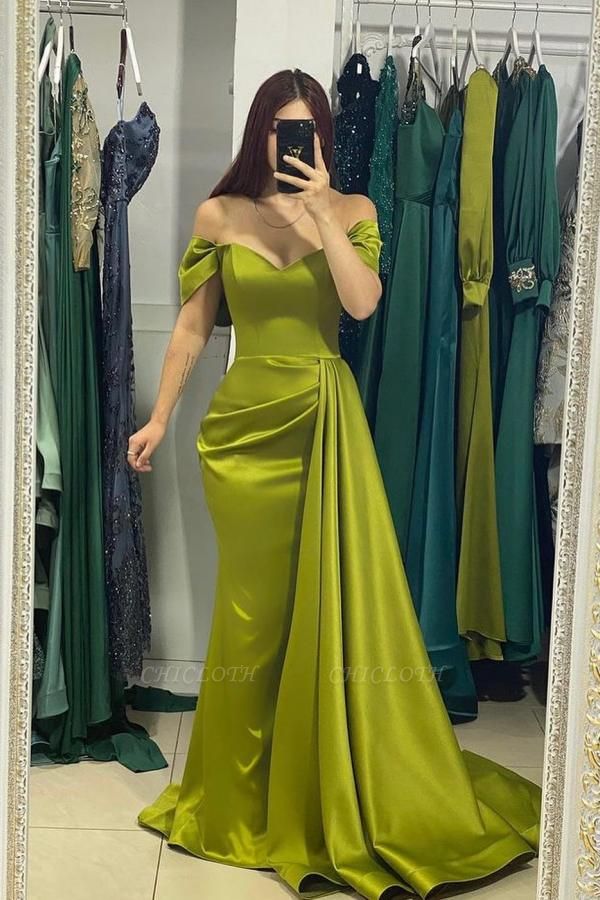 Chic Green Sleeveless A-Line Off the Shoulder Stretch Satin Prom Dresses with Ruffles