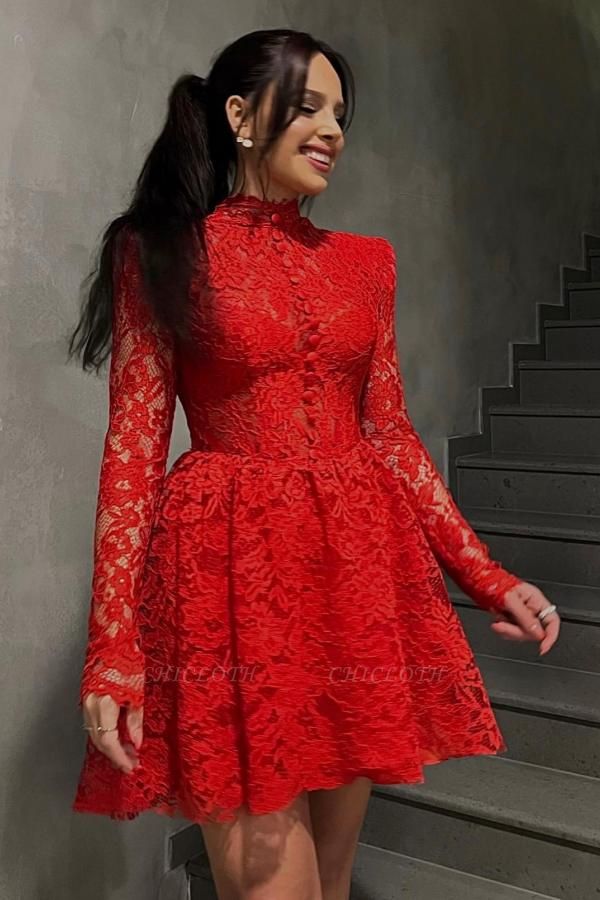 Chic Red High Collar Mini Long Sleeves Short Homecoming Prom Dresses with Lace