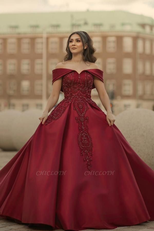 Royal Dark Red Off the Shoulder Satin Ball Gown Wedding Dress with Appliques