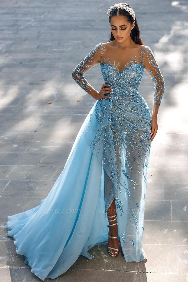 Chic Blue Long Sleeves Sequins Mermaid Floor-Length Prom Dresses with Ruffles