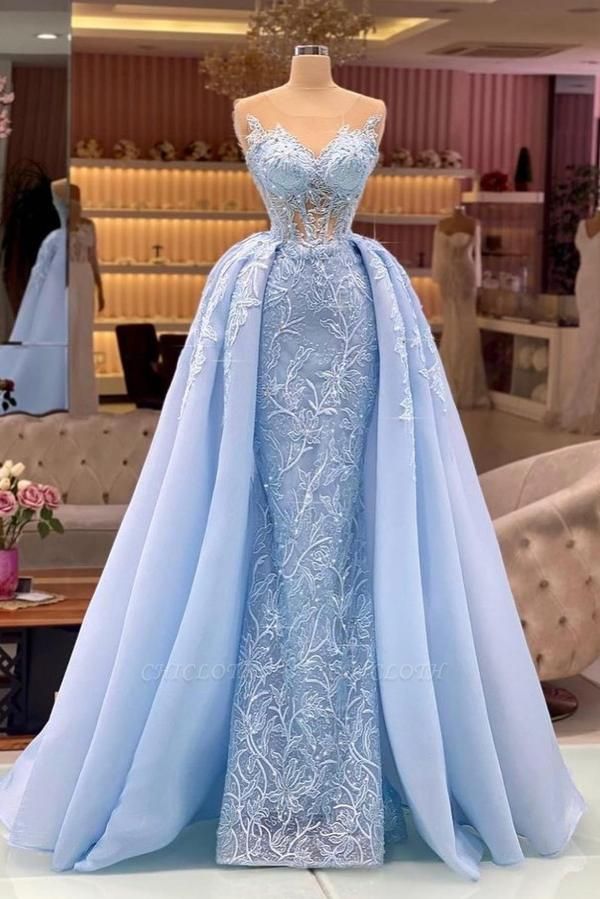 Exquisite Blue Jewel Floor-Length  A-Line Sleeveless Prom Dresses with Ruffles
