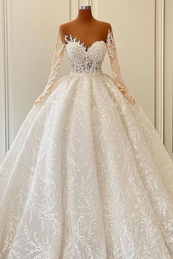 Gorgeous Jewel Chapel Long Sleeve Ball Gown Wedding Dresses with Appliques