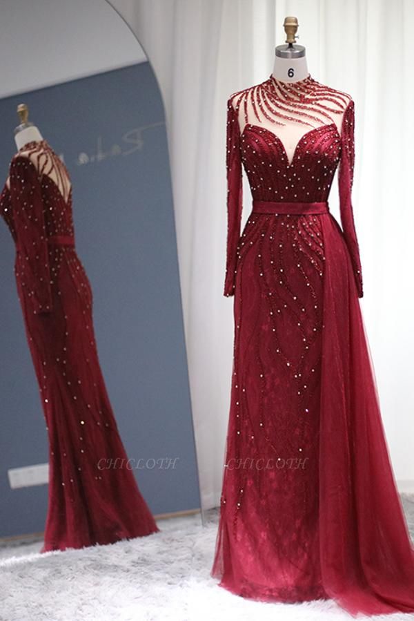 Elegant Dark Red High Collar A-Line Beading Floor Length Tulle Homecoming Prom Dresses