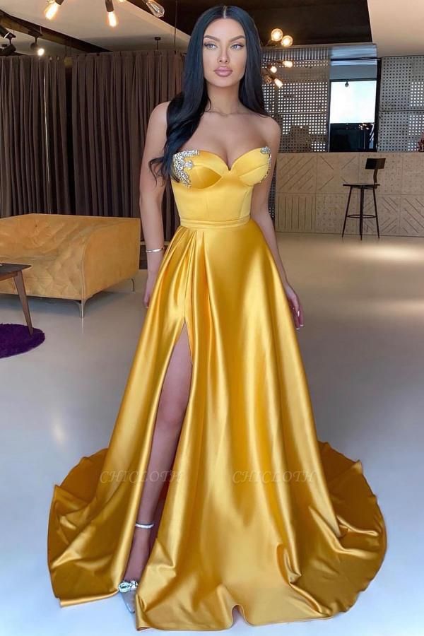 Fabulous Yellow A-Line Sleeveless Strapless Sweetheart Stretch Satin Prom Dresses with Ruffles