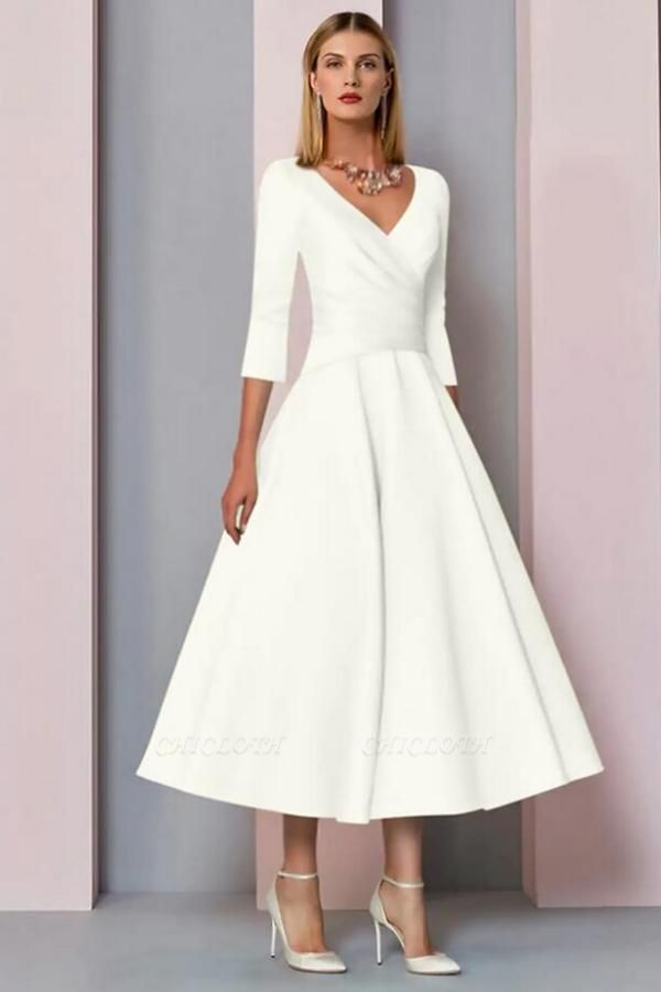 Elegant A-Line V-Neck 3/4 Long Sleeve Tea-Length Satin Wedding Dresses