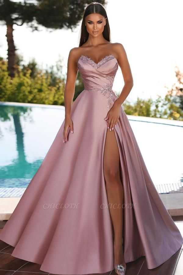 Elegant Pink Sweetheart A-Line Stretch Satin Prom Dresses with Ruffles