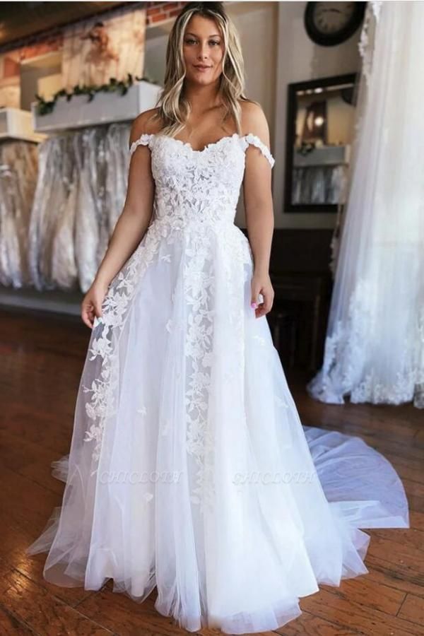 Elegant Chapel Off the Shoulder A-Line Sleeveless Lace Wedding Dresses with Appliques