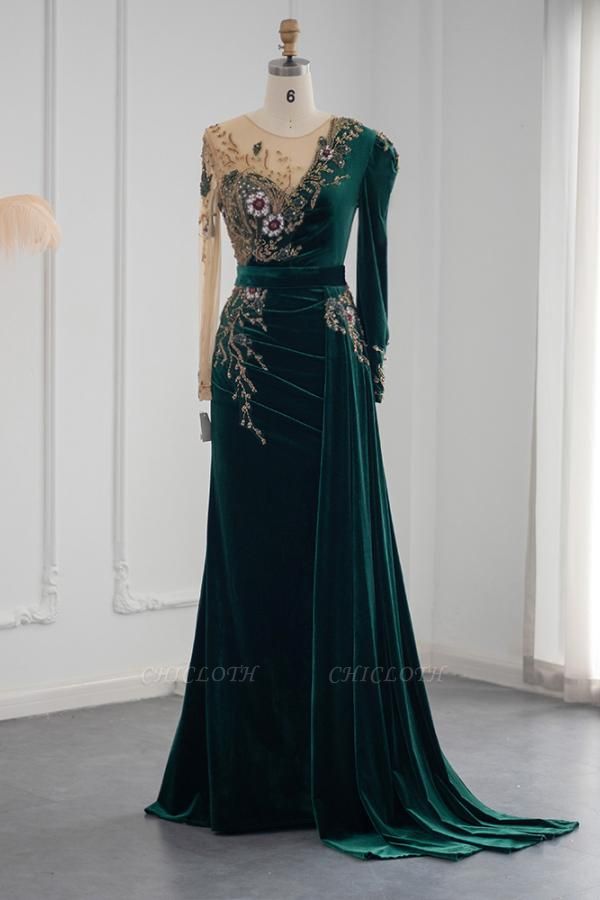 Deluxe Dark Green Floor-Length Long Sleeve A-Line Beading Velvet Prom Dresses with Ruffles