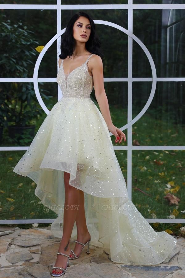 Chic Hi-Lo Spaghetti Strap A-Line Sleeveless Sequins Prom Dresses
