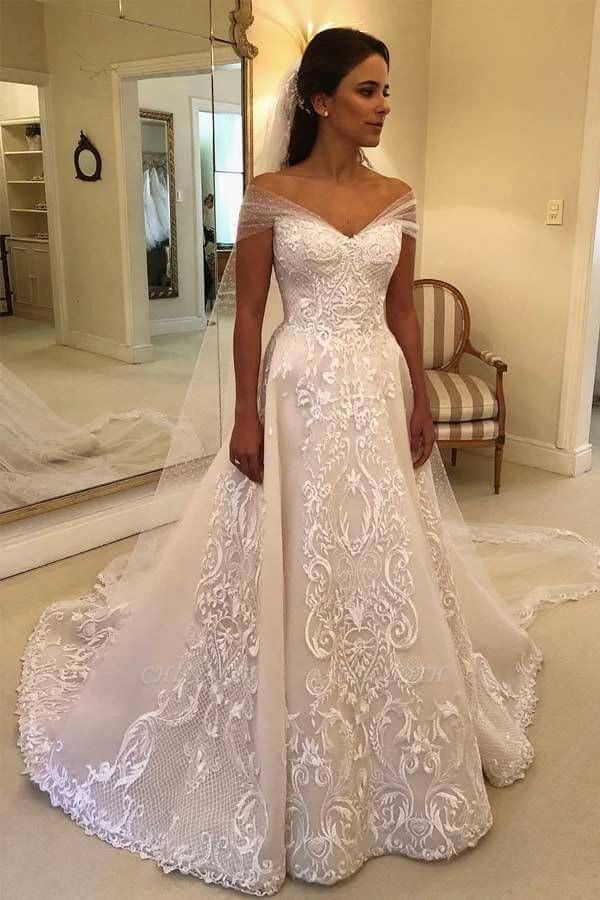 Elegant A-Line Off the Shoulder Sequins Sweetheart Mermaid Sequins Sleeveless Wedding Dresses with Appliques
