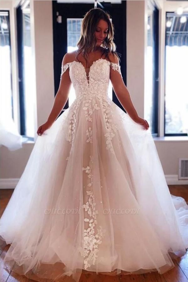 Elegant Chapel Off the Shoulder A-Line Sleeveless Wedding Dresses with Appliques