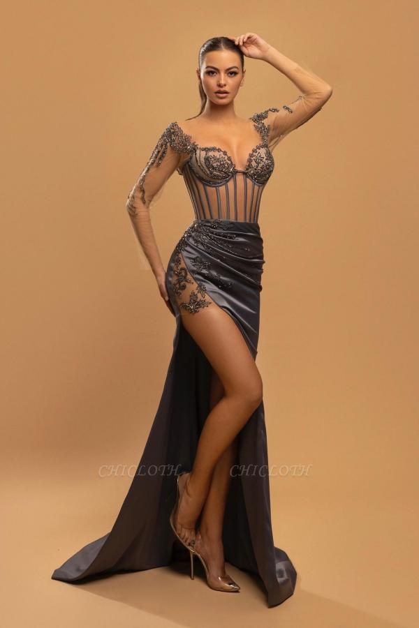 Stylish Grey Sweetheart Long Sleeves Floor-Length Mermaid Stretch Satin Prom Dress