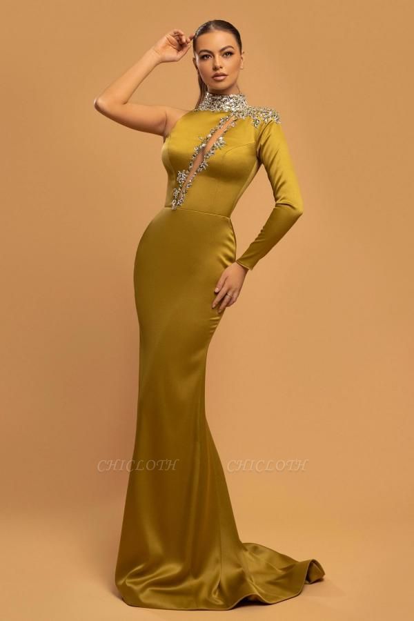 Elegant Yellow One Shoulder Floor-Length High Collar Strech Satin Prom Dress