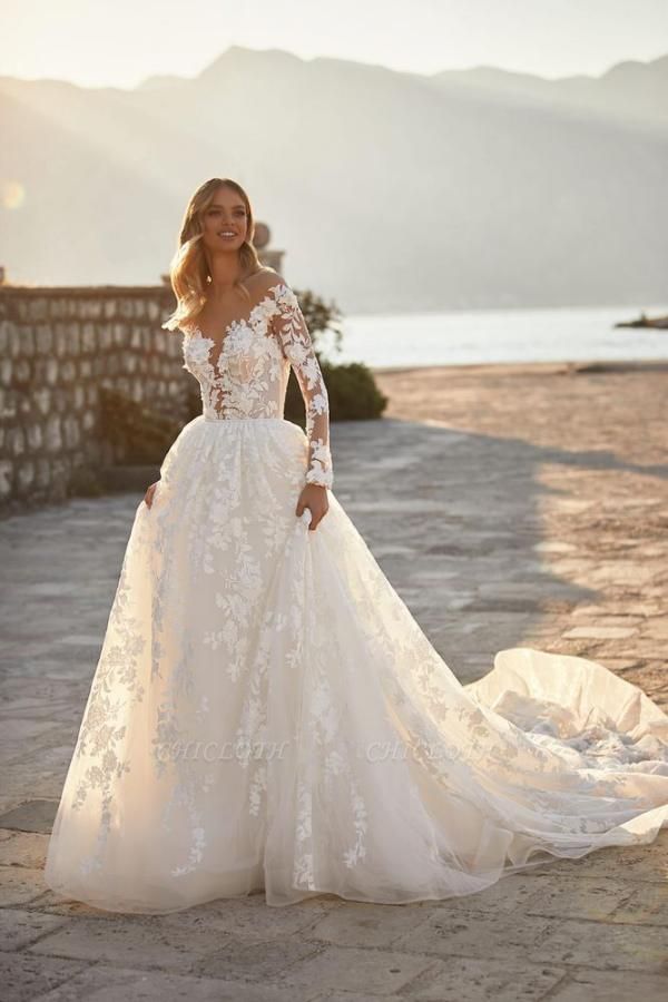 Elegant A-Line Chapel Jewel Long Sleeve Lace Wedding Dresses with Appliques