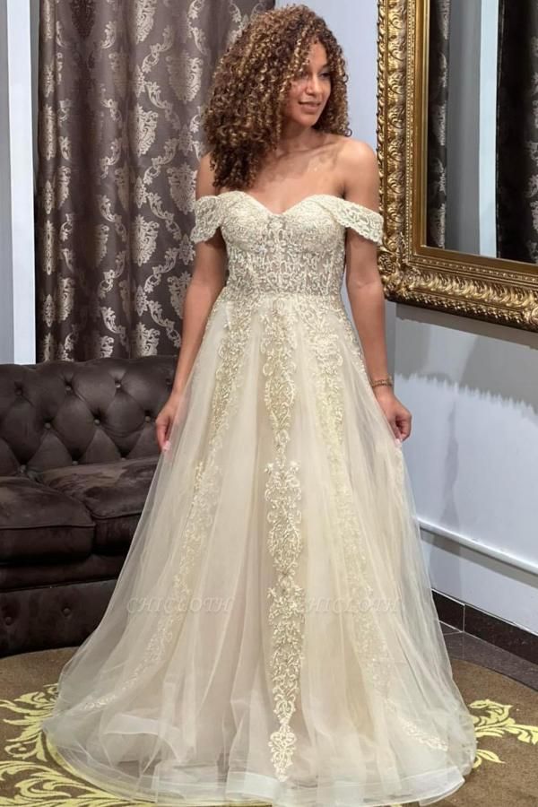 Elegant Off the Shoulder Floor-Length Lace A-Line Wedding Dress
