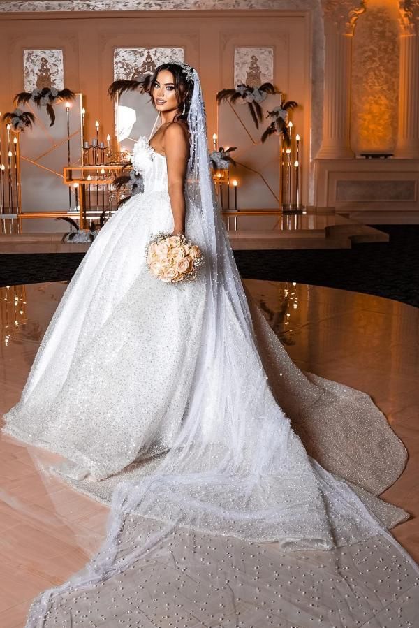 Elegant Sequins Chapel Sweetheart Sleeveless Ball Gown Wedding Dress with Appliques