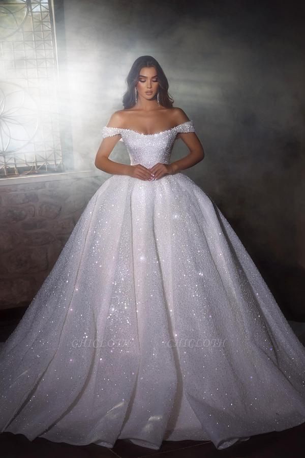Divine Sequins Off the Shoulder Sleeveless Ball Gown Wedding Dresses with Ruffles