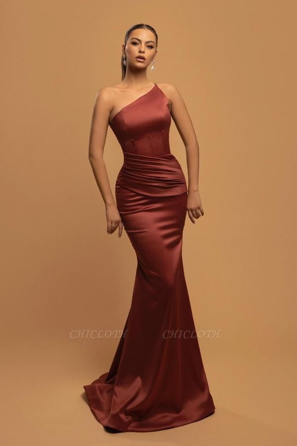 Charming Cameo Brown One Shoulder Mermaid Stretch Satin Prom Dresses with Ruffles