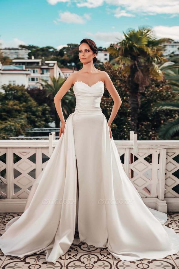 Elegant A-Line Sleeveless Strapless Sweetheart Detachable Satin Wedding Dress