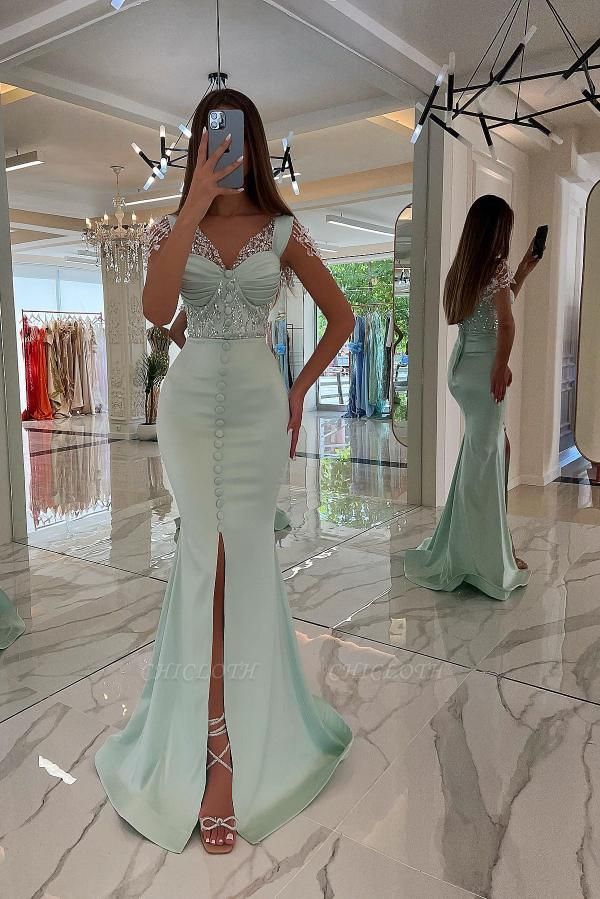 Elegant Blue V-Neck Sleeveless Floor-Length Mermaid Stretch Satin Prom Dress
