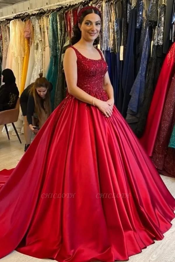 Charming Red Straps Floor-Length Lace Satin Ball Gown Wedding Dress with Appliques