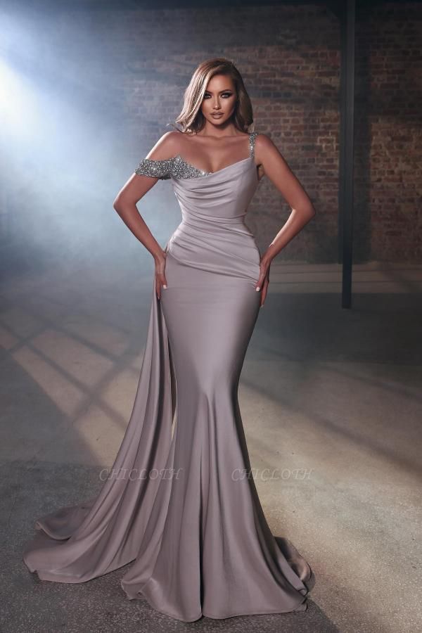 Gorgeous Grey Asymmetrical Sleeveless Mermaid One Shoulder Stetch Satin Prom Dress