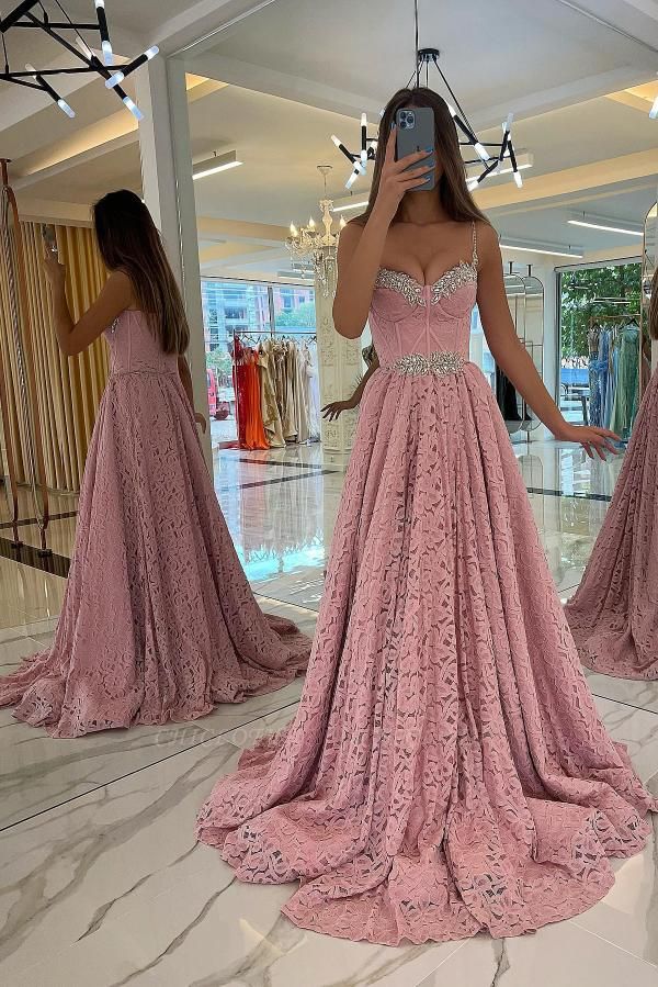 Charming Pink Sleeveless Spaghetti Strap A-Line Lace Prom Dress