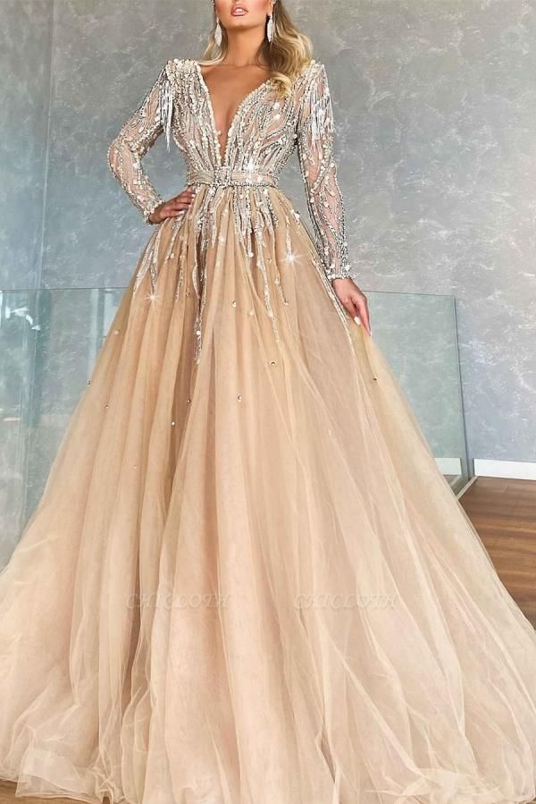 Fabulous Champagne Beading V-Neck Long Sleeves Prom Dress with Ruffles