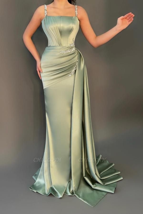Elegant Green Spaghetti Strap Floor-Length Beading Mermaid Sleeveless Prom Dress with Ruffles