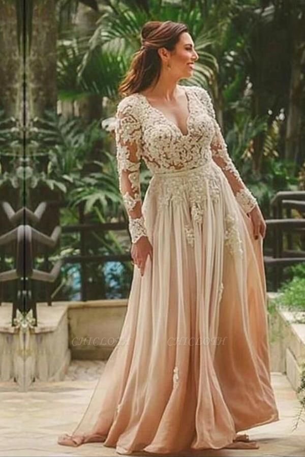 Gorgeous V-Neck Long Sleeves Floor Length Lace Chiffon Wedding Dress