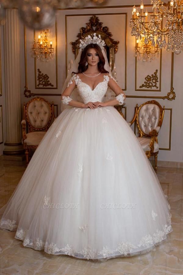 Charming Long Sleeve Floor Length Deep V-Neck Tulle Ball Gown Wedding Dress with Appliques
