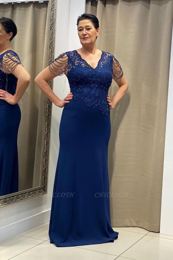 Elegant Dark Blue V-Neck Floor-Length Mother Prom Dress with Appliques