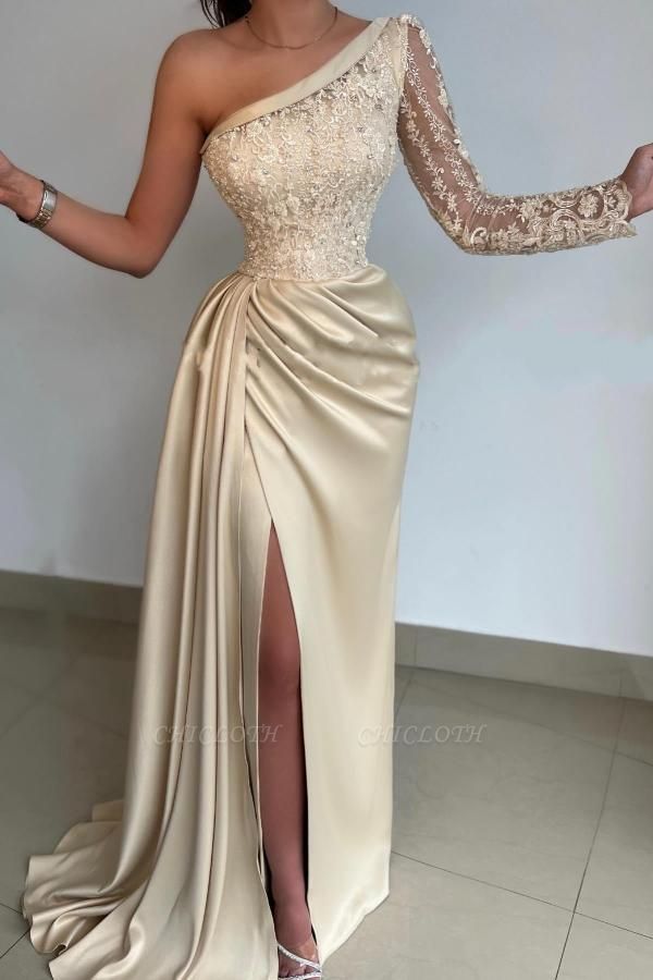 Gorgeous Champagne Asymmetrical Floor Length Long Sleeve Prom Dress with Ruffles