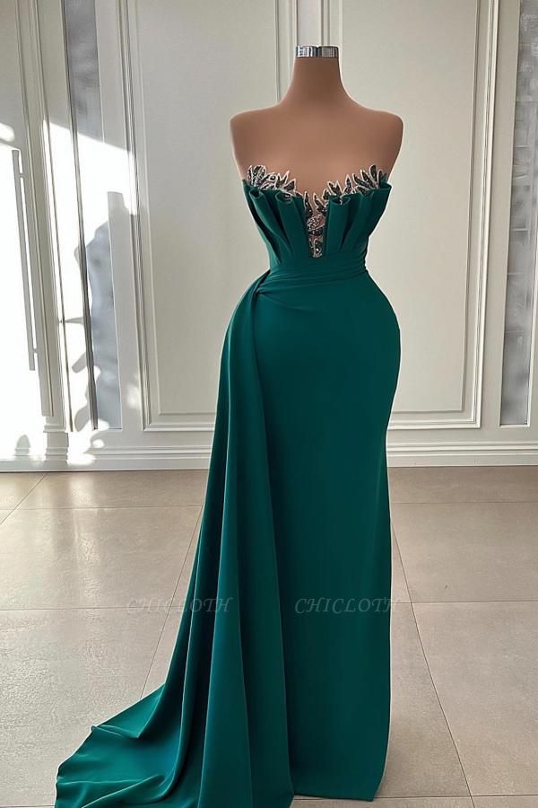 Elegant Dark Green Strapless Floor Length Sleeveless Stretch Satin Prom Dress with Ruffles