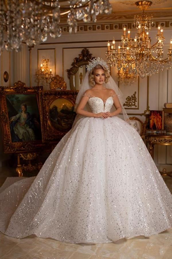 Elegant Sweetheart Off the Shoulder Floor Length Lace Ball Gown Wedding Dress with Appliques