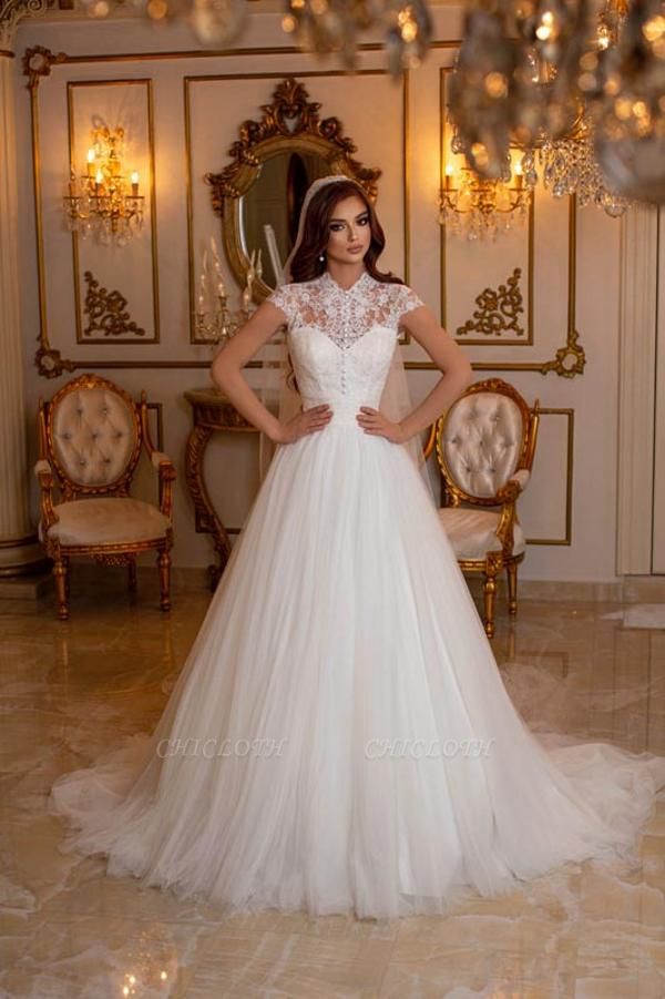 Elegant A-Line Jewel Floor Length Tulle Wedding Dress with Appliques