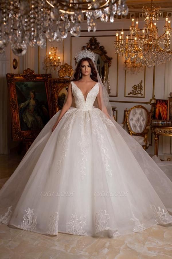 Exquisite Floor Length Deep V-Neck Lace Ball Gown Tulle Wedding Dress with Appliques
