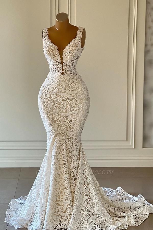 Charming Mermaid V-Neck Floor-Length Wedding Dress with Ruffles