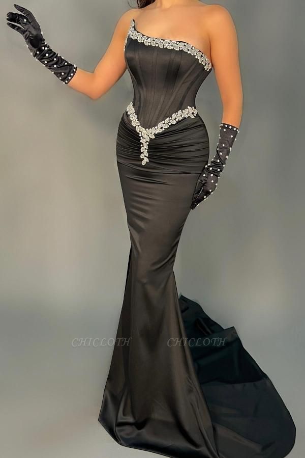 Elegant Black Beading Strapless Mermaid Sleeveless Stretch Satin Prom Dress with Ruffles
