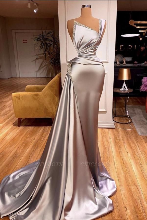 Charming Grey Asymmetrical One Shoulder A-Line Sleeveless Stretch Satin Prom Dress with Ruffles